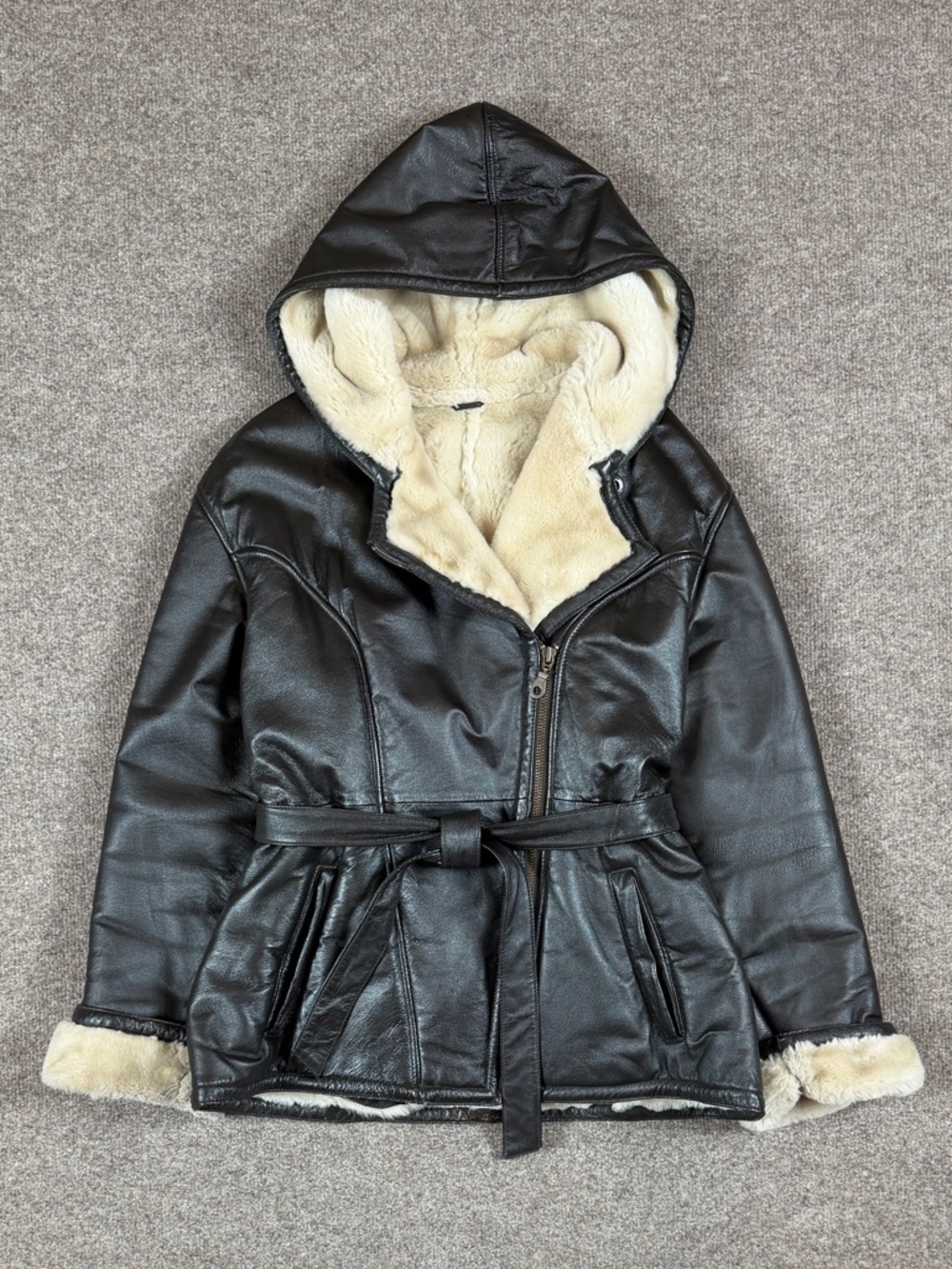 Vintage Wilsons Brown Leather Belted Fur Lined Coat Women’s L Asymmetrical Zip